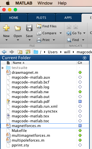 Screen Shot of Git support in Matlab